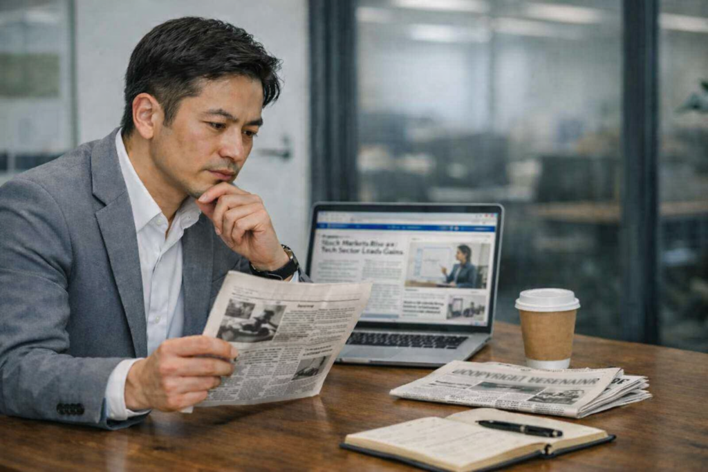 新聞記事とパソコン画面を見ながら、社内共有と著作権の確認をする男性社員