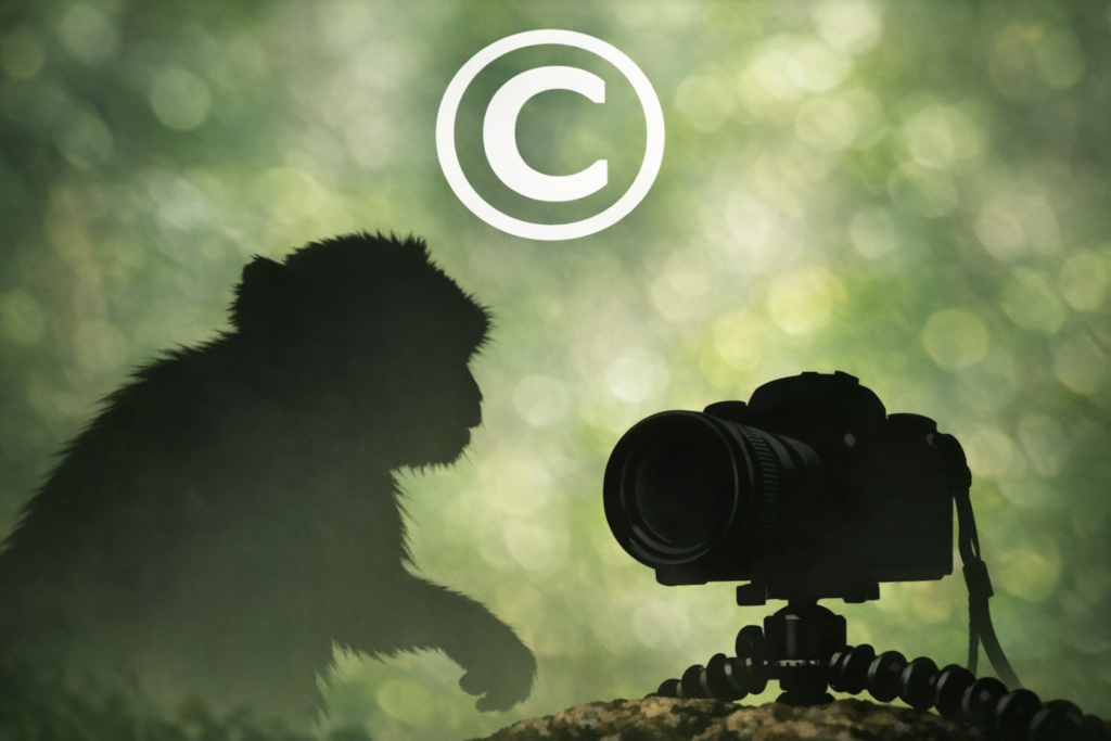 動物と撮影機材、著作権マークでサルの自撮り問題を表現したイメージ画像