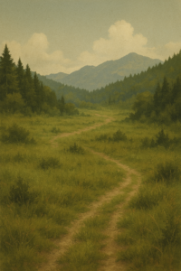 山林の中に続く道。相続人が気づかないまま放置されがちな不動産をイメージした風景