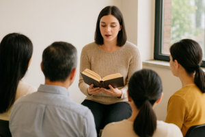 少人数で本の朗読を行う様子。読み聞かせや朗読会をイメージした写真