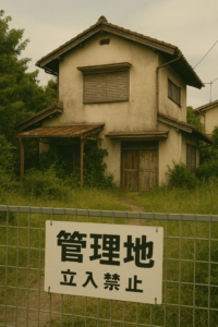 管理されていない空き家と「管理地・立入禁止」の看板。所有者不明土地・建物管理命令が必要になる状況をイメージした写真