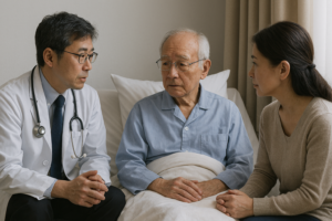 医師と患者、家族が生命維持治療について話し合うイメージ