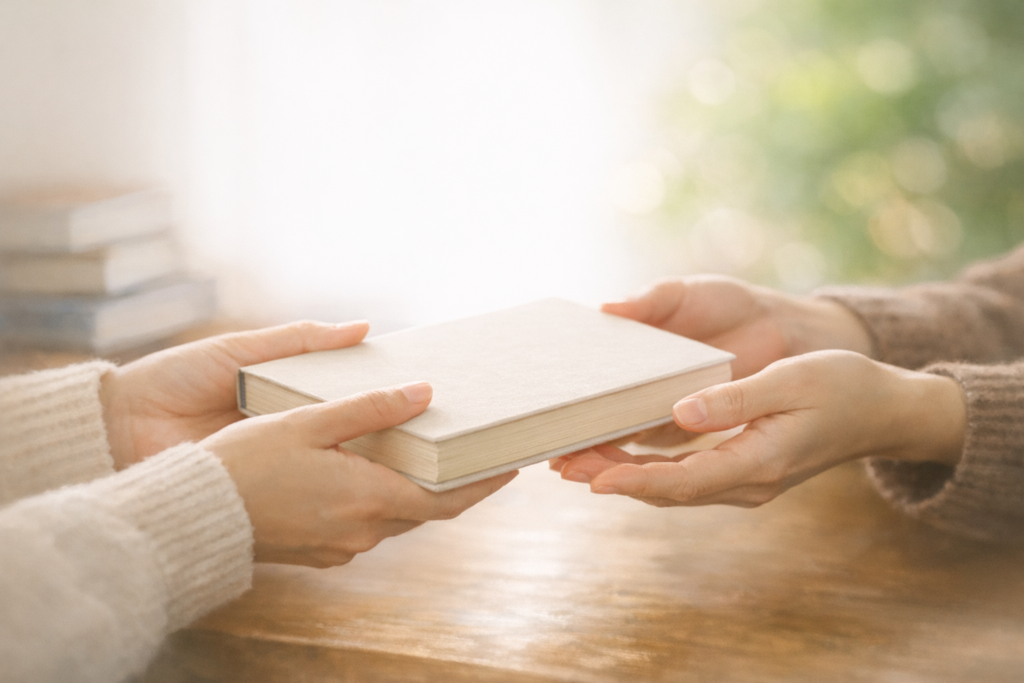 本を手渡して貸し出す様子(図書館の貸出イメージ)