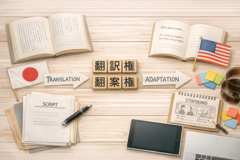 翻訳権と翻案権の違い（翻訳とアレンジのイメージ図）