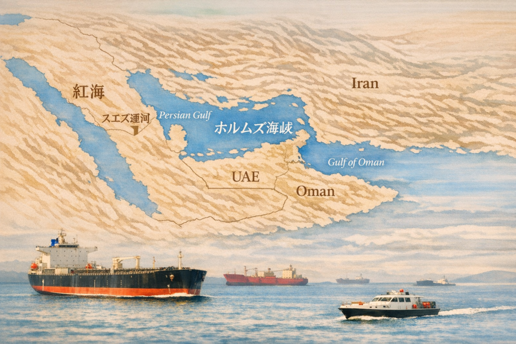 ホルムズ海峡・紅海・スエズ運河の位置関係と原油輸送ルート