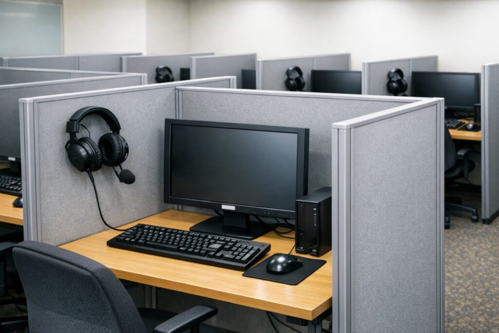 CBT試験会場のイメージ（パーテーションで区切られたパソコン試験ブース）