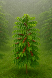 雨の中で実をつけるコーヒーの木（コーヒー栽培のイメージ）