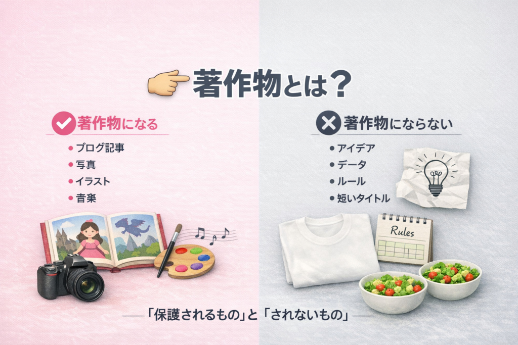 著作物とは何かを解説した図。ブログ記事・写真・イラスト・音楽は著作物、アイデア・データ・ルール・短いタイトルは著作物にならないことを比較している