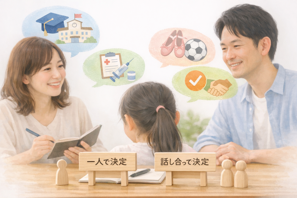 <div style="text-align:center; margin: 20px 0;">
 <img src="画像URL①" alt="共同親権における単独判断と話し合いのイメージ" style="max-width:100%; height:auto;">
</div>