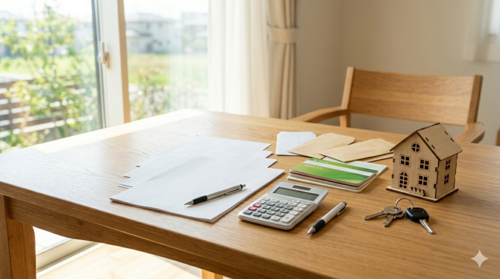 財産分与をイメージした机の上に書類、電卓、家の模型、通帳、鍵が並ぶ写真