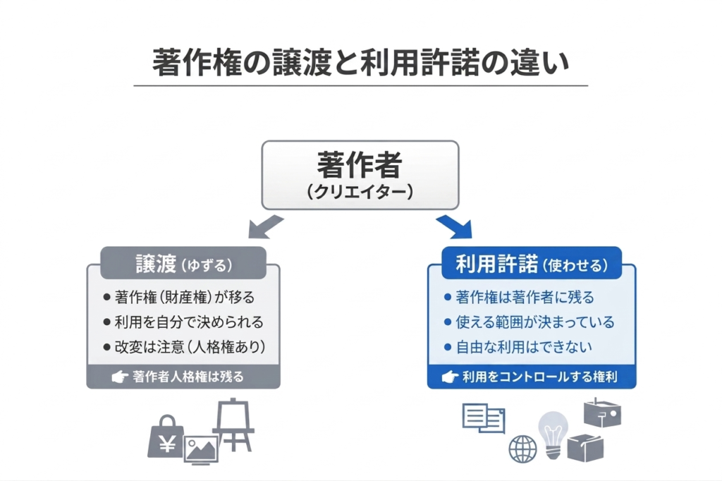 著作権の譲渡と利用許諾の違いを、著作者を中心に左右で比較した図