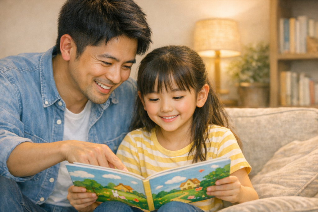 親子交流のイメージ:離婚後も親と子どもが絵本を読み関係を育む様子