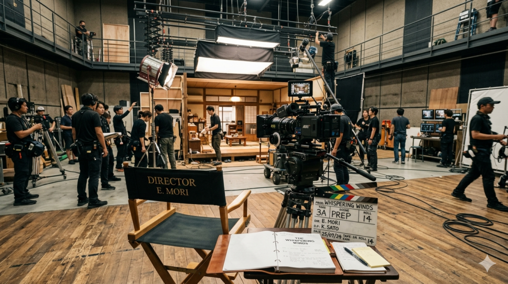 映画撮影スタジオでカメラ、照明、監督椅子、スタッフが配置され、映画制作現場の様子を表した写真