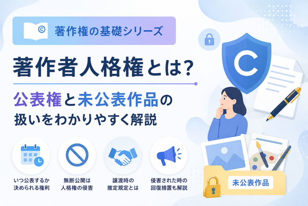 著作者人格権のうち「公表権」と未公表作品の扱いについて解説する著作権の基礎シリーズの図解画像。無断公開、SNS拡散、推定規定、人格権侵害時の回復措置などをイラスト付きで整理したバナー。
