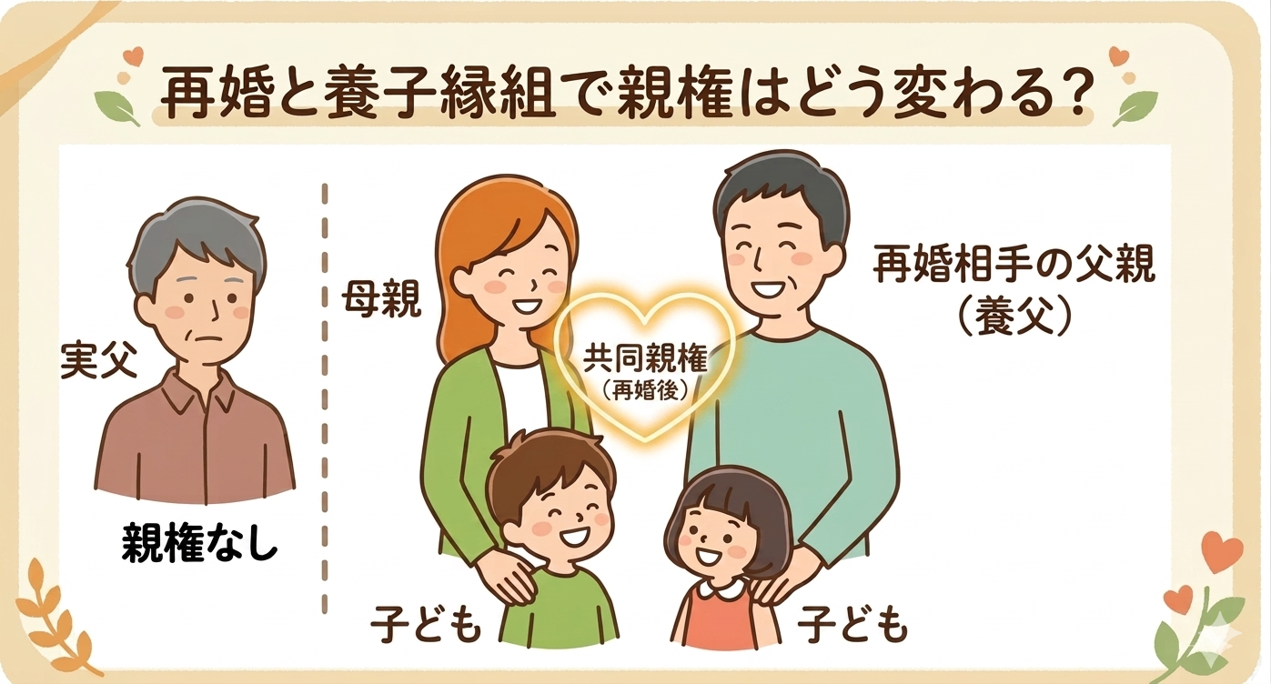 再婚と養子縁組による親権の変化を示した図。母親と再婚相手（養父）が共同親権を持ち、実父は親権を持たない構造を説明している。"/