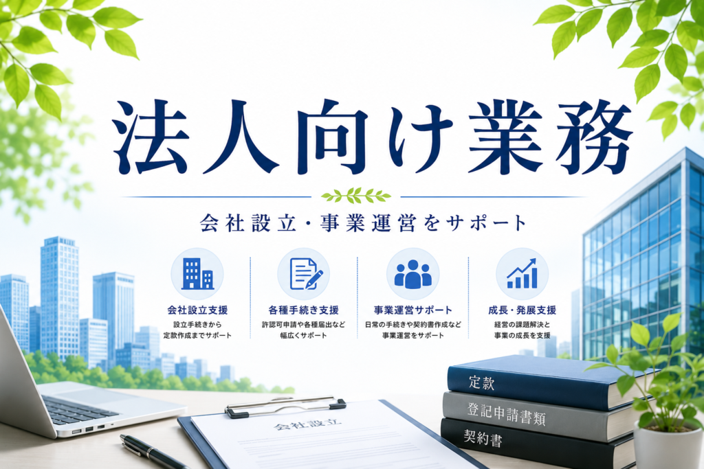 法人向け業務のアイキャッチ画像。会社設立や事業運営をサポートし、事業者の成長と発展を支えることを表現。