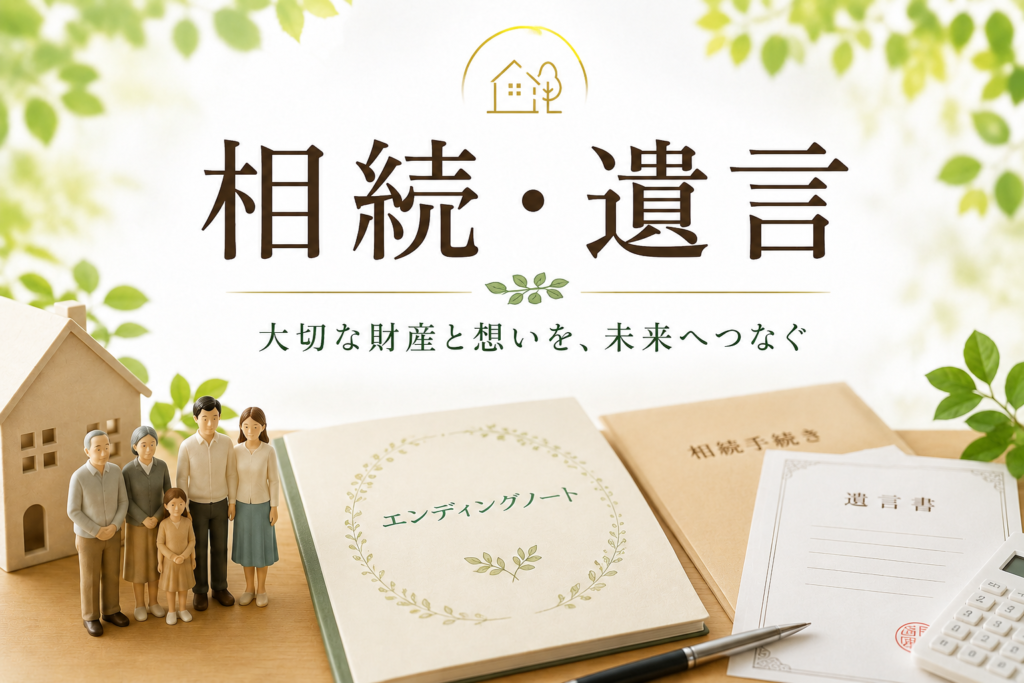 相続・遺言のアイキャッチ画像。家族の模型やエンディングノート、遺言書を配置し、大切な財産と想いを未来へつなぐことを表現。